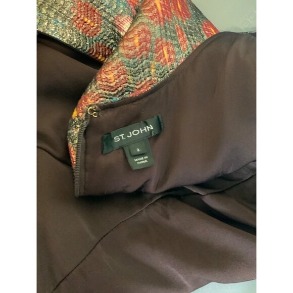 St. John Metallic Maroon, Green & Gold Geometric Pattern Sheath Dress, Size 2 - Picture 5 of 5